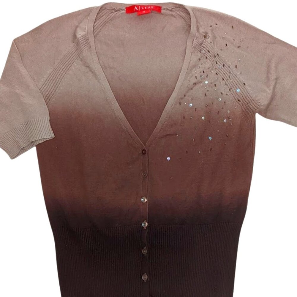 Vintage Brown Beige Women's Ombre Beaded Sequins Knit 3/4 sleeve Top Y2K Size S